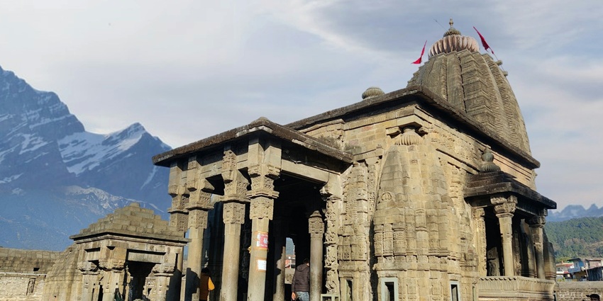 Image of the beautiful temple in the bir billing in the scenic land scape of Himachal