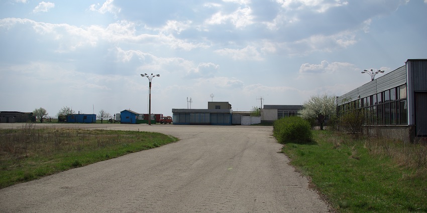 An empty pathway near the terminal building of Bălți International Airport in Moldova.