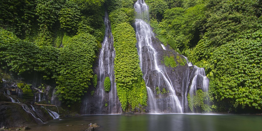 A picture of Banyumala Twin Waterfalls cascading into a crystal-clear pool.