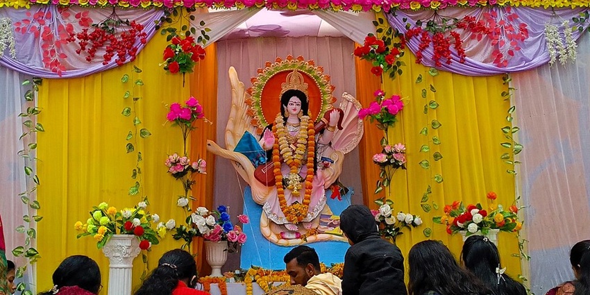 Saraswati Puja on Basant Panchami, one of the festivals in the spring season in India.