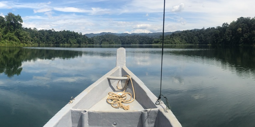 Clear view of the Temenggor lake in Royal Belum State Park on a boat ride in Malaysia