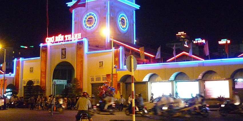 An image of Ben Thanh Market at night, a popular destination near Ho Chi Minh City.