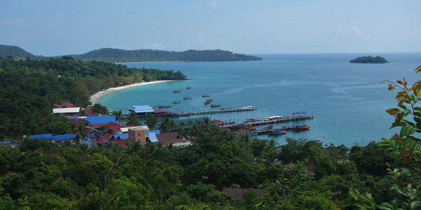 An image showing an aerial view of the beach on Koh Rong island with its coastline, Cambodia