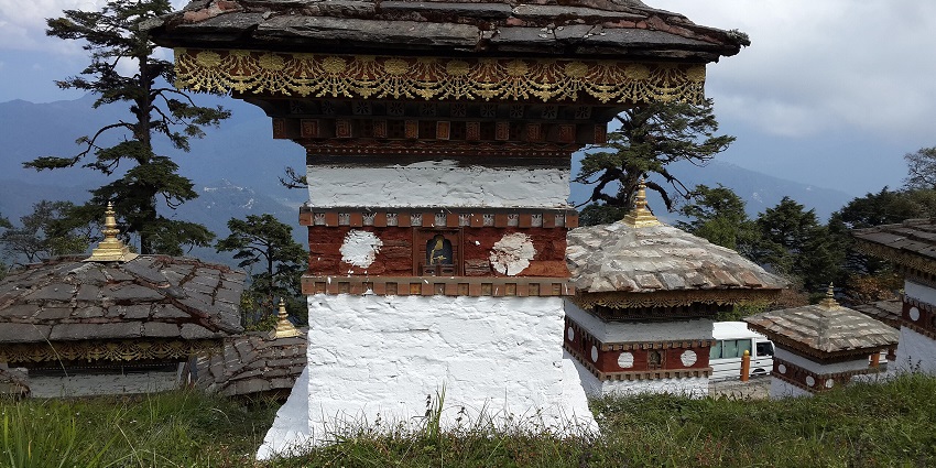 An image showing the 108 Chortens at Dochula Pass, built in a circular formation.