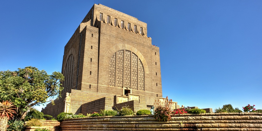 An image showing the main entrance and front elevation of the Voortrekker Monument.