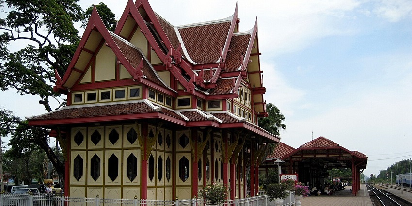 Hua Hin Railway Station in Thailand with its traditional architecture and platform.