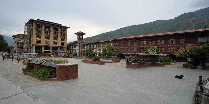 Wide angle view of the clock tower square with the clear blue sky in the background