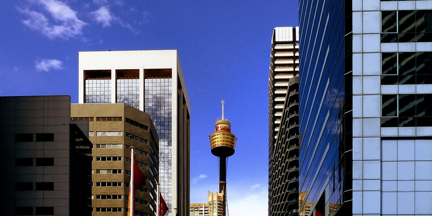 A beautiful scene of the Sydney Tower Eye in front of the Sydney blue sky, Australia.