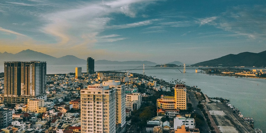 A bright and sunny day in Da Nang, Vietnam, with clear blue skies and warm weather.