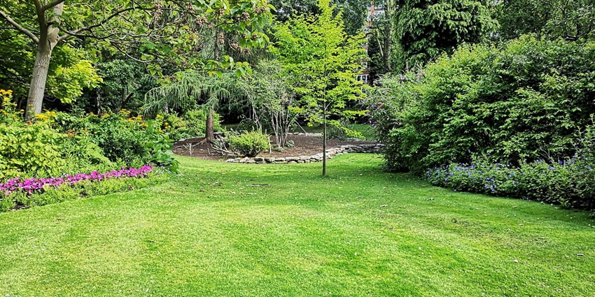 Scenic view inside the gardens with lush trees and bushes all around