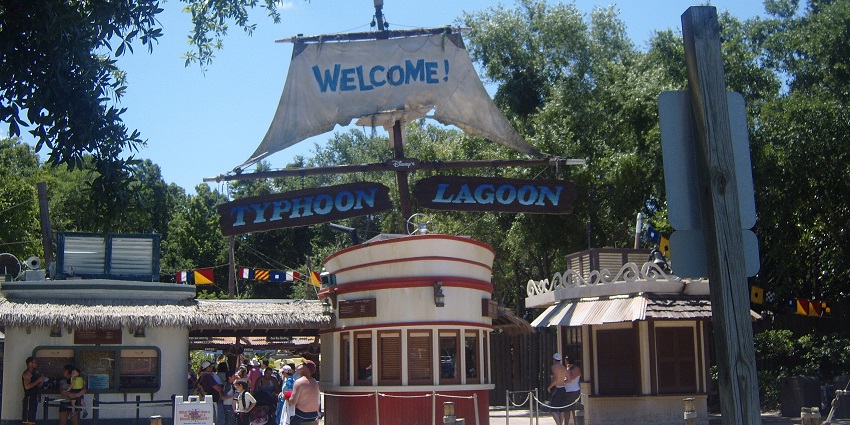 An image showing the entrance of Walt Disney World Typhoon Lagoon with its themed signage and decor