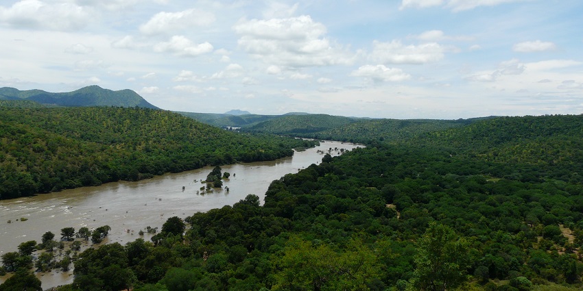 An image of Kaveri River in Karnataka, with spectacular views all around.