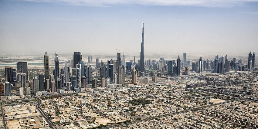 Aerial view of Dubai skyline, featuring the Burj Khalifa and numerous skyscrapers
