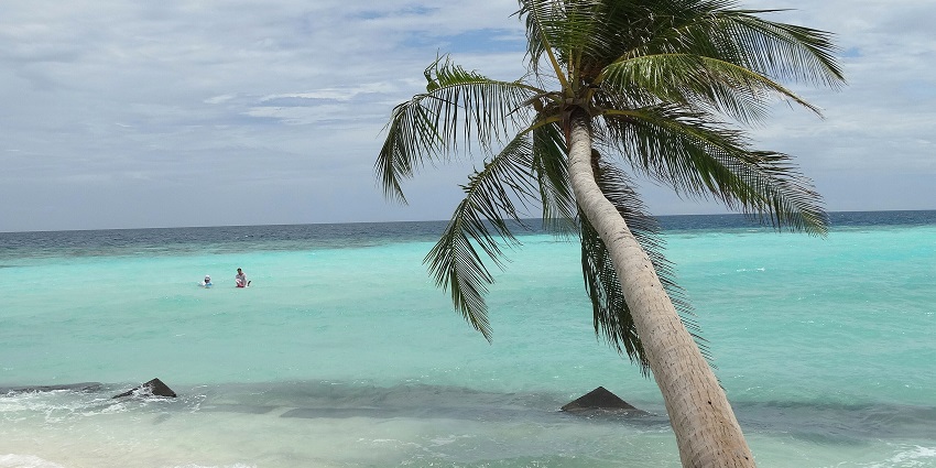 A popular bikini beach in Maldives beach with clear waters and nearby local cafés.
