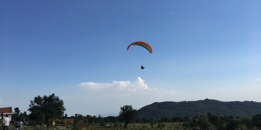 An image of a paraglider in the sky above a grassy field in Bir Billing, Himachal Pradesh, with people and trees below.