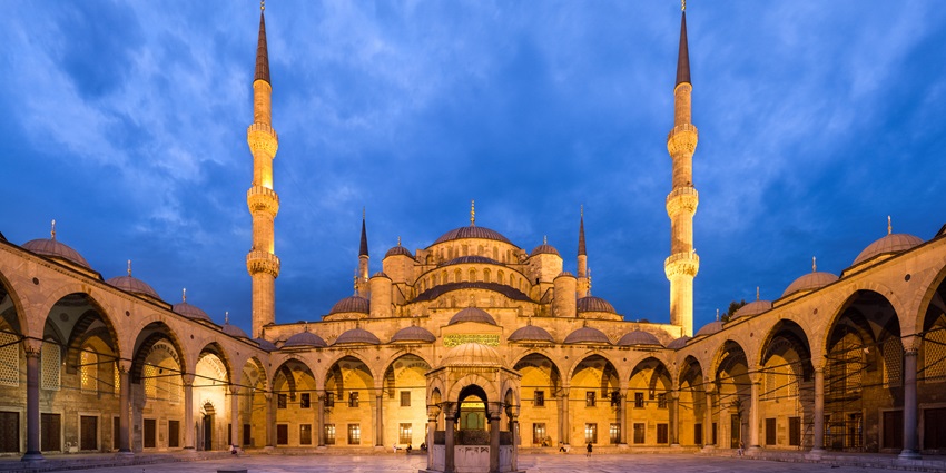 A photo of the Blue Mosque with its eye-catching domes and towering minarets.