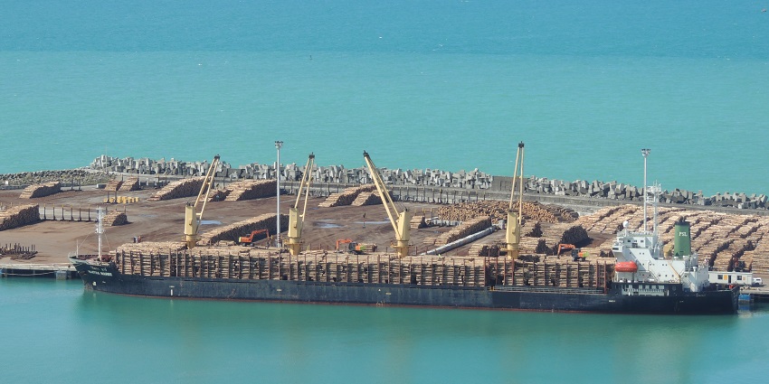 Bustling shipping port with stacked containers and a breakwater at the Bluff Hill Lookout.