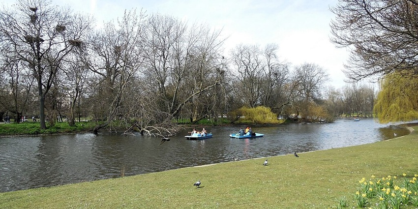 A group of tourists enjoy boating in a narrow channel of a lake with pigeons in the foreground