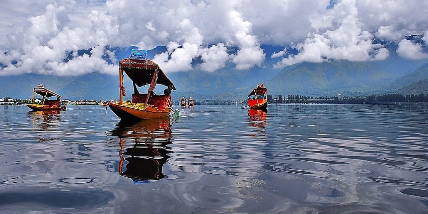 An image of Manasbal Lake, surrounded by flowers and breathtaking landscapes.
