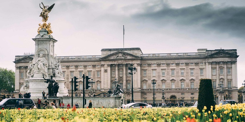 Buckingham Palace, the residence of the British monarch, known for its regal architecture