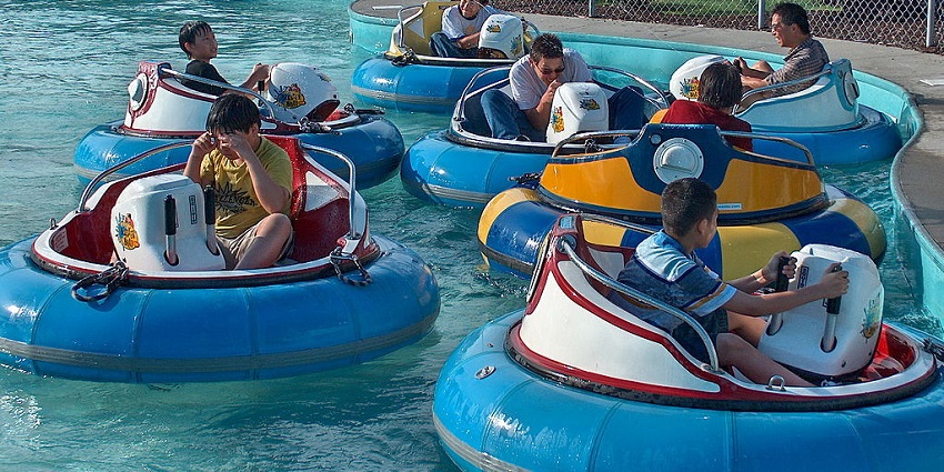 View of a group of tourists enjoying a bumper ride, a thrilling adventure sport in Goa