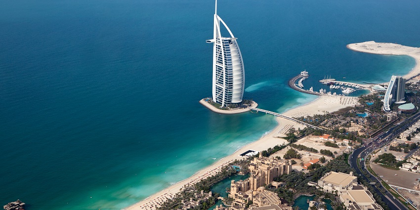 An aerial view of the stunning and iconic Marvel, Burj Al Arab, located in Dubai