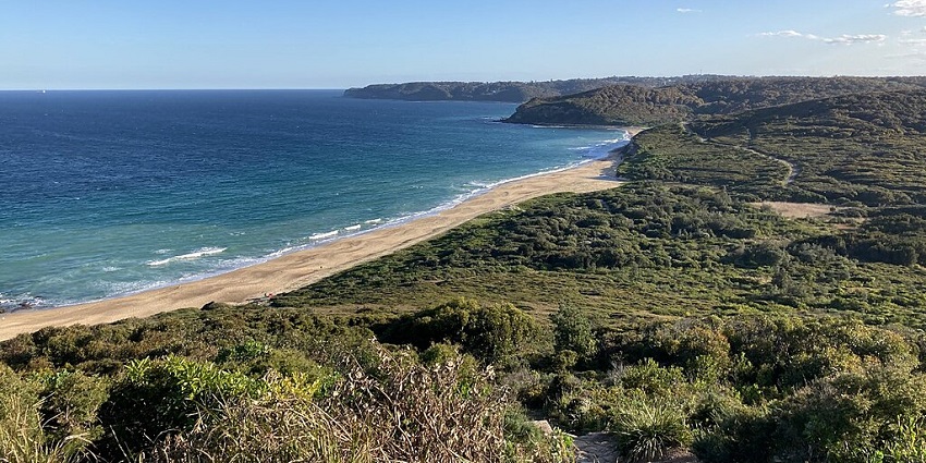 An image of a scenic coastal landscape of the Burwood Beach, featuring a beach, ocean, green hills, and clear skies.