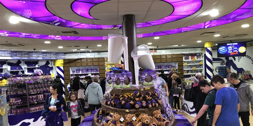 Entrance to Cadbury World in Birmingham, UK, a popular attraction for chocolate lovers.