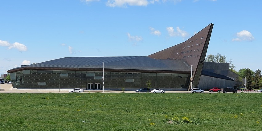 A collection of historical cannons and military weapons at the Canadian War Museum.