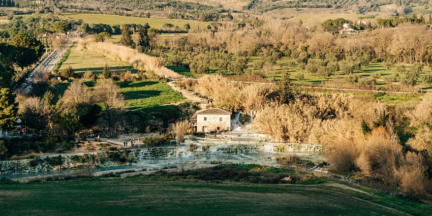 Cascate del Mulino is the most famous natural hot spring located in the serene landscape.