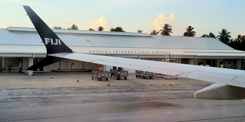 A picture of a Fiji aircraft inside the Cassidy International Airport in Kiribati.