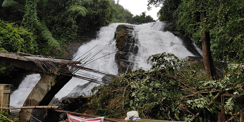 A beautiful image of Charpa Waterfalls with gushing white waters surrounded by greenery.