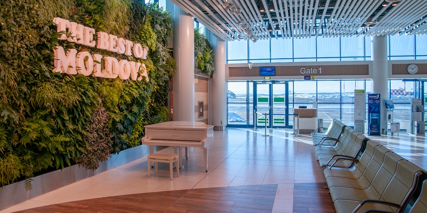 Image of an empty waiting lounge at the Chișinău International Airport in Moldova.