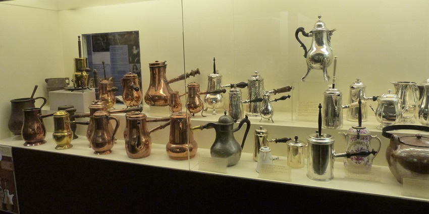 A display of historical chocolate-making tools at the Choco-Story Bruges in Belgium.