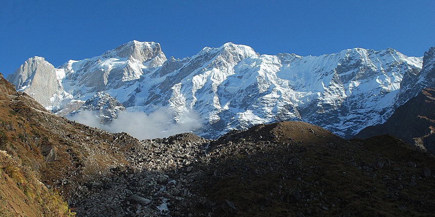 Kedar Range visible from Chorabari Tal is a stunning natural setting among mountains.