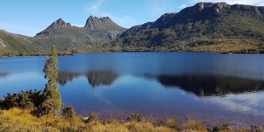 View of a scenic lake at the Cradle Mountain, a popular destination near the island
