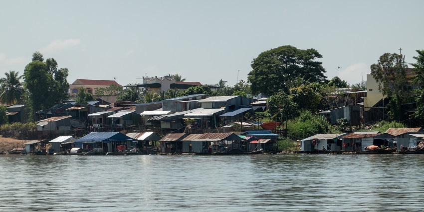 A riverside on the Mekong River, cruising on it is one of the popular things to do in Cambodia in February.