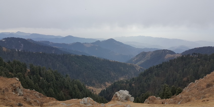 Landscape of Dainkund Peak with lush trees, rugged stones, and towering mountains