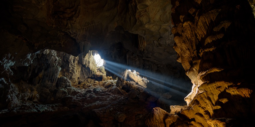 An image of Đầu Gỗ Cave in Hạ Long Bay, Vietnam, showcasing stunning stalactites and illuminated rock formations.