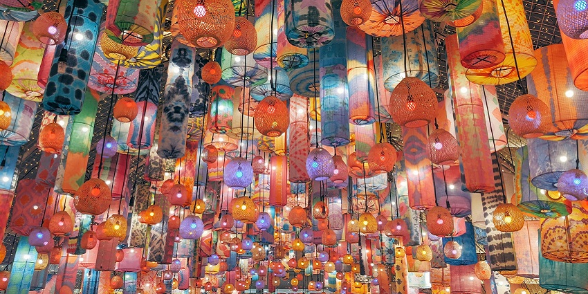 A vibrant lantern view at Dinh Cau Night Market in Phu Quoc offering cultural experience.
