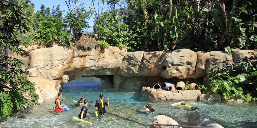 Discovery Cove offers an all-inclusive tropical experience with dolphin swims, snorkeling, and serene lagoons.
