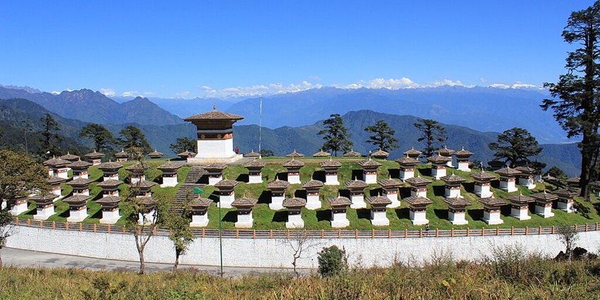 A view of the 108 stupas at the Douchula Pass located near the clock tower square