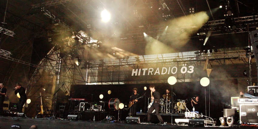 A view of the energetic performance at open-air Donauinselfest Music Festival in Austria.