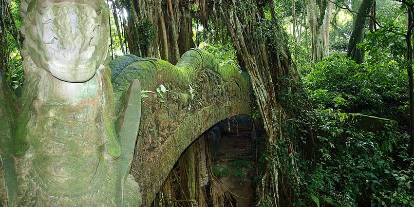 Cross the mystical Dragon Bridge surrounded by lush greenery and sacred statues.