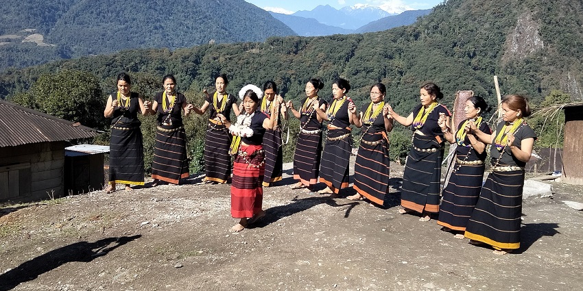 An image of the Apatani tribe women in their traditional dress during the Dree festival, one of the unique agricultural festivals in India.