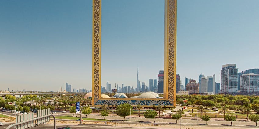 Marvel at panoramic city views from Dubai’s iconic golden picture-frame structure.