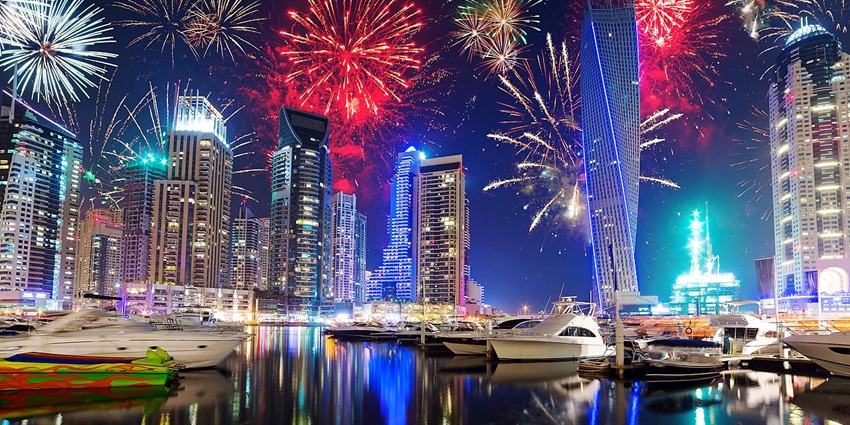 A nighttime view of Dubai in UAE, one of the best places to visit for New Year’s Eve.