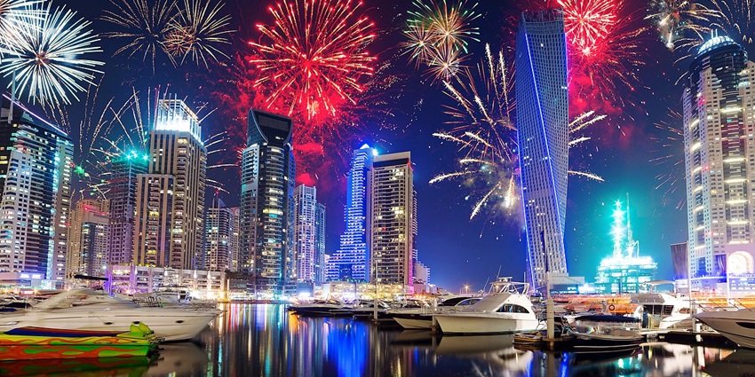 A nighttime view of Dubai’s futuristic skyline, celebrations, and rich cultural heritage.