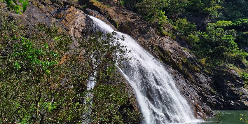 A scenic view of Dudhsagar Falls, one of the best places for camping in Goa, India.