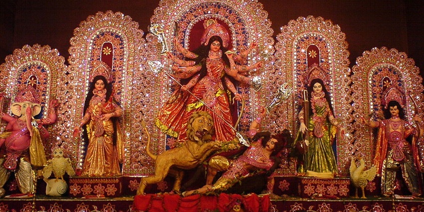 An image of Goddess Durga decorated in well ornaments and beautifully dressed for the festival, one of India's biggest festivals